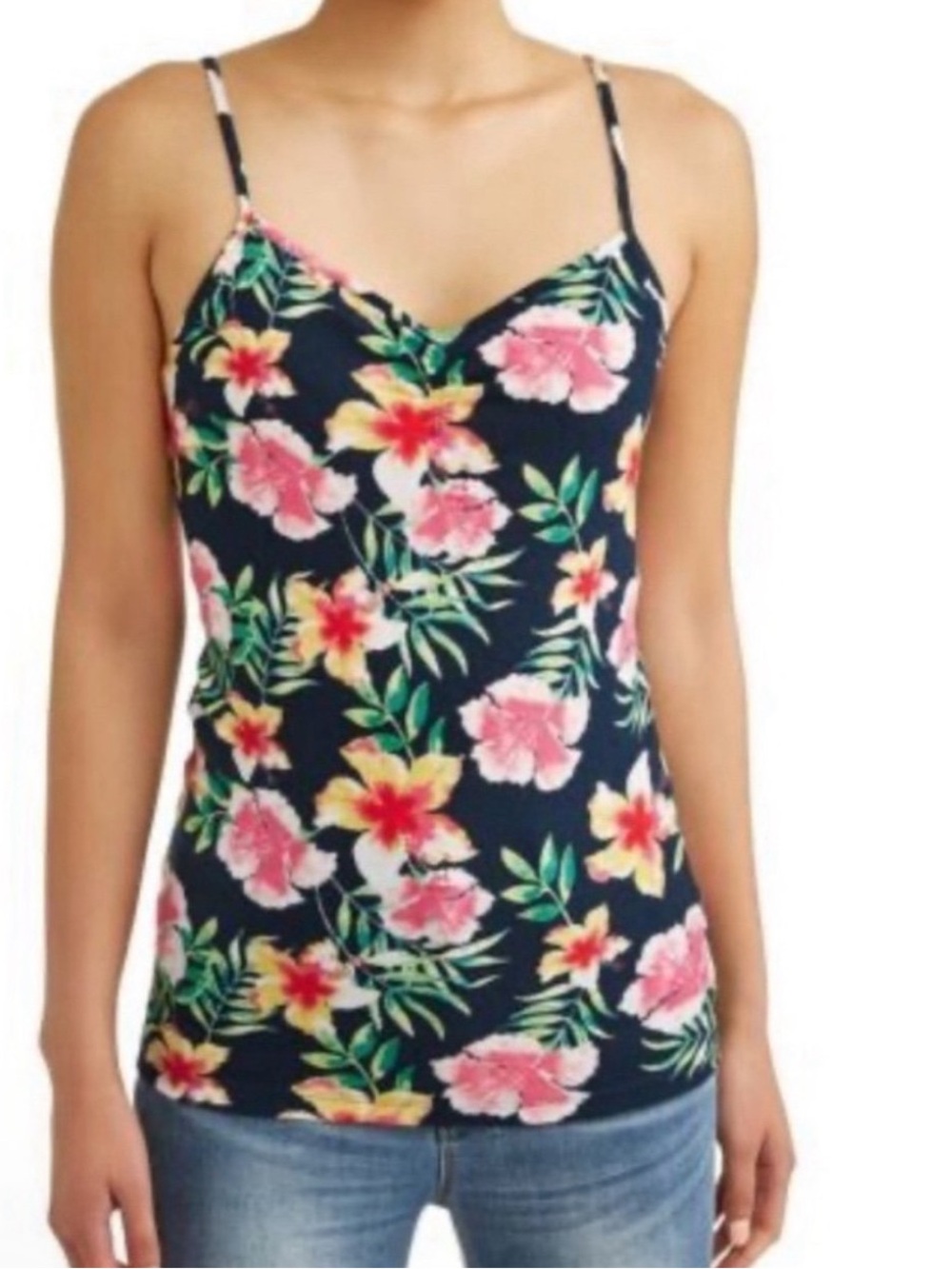 No Boundaries Navy Floral Ribbed Tank